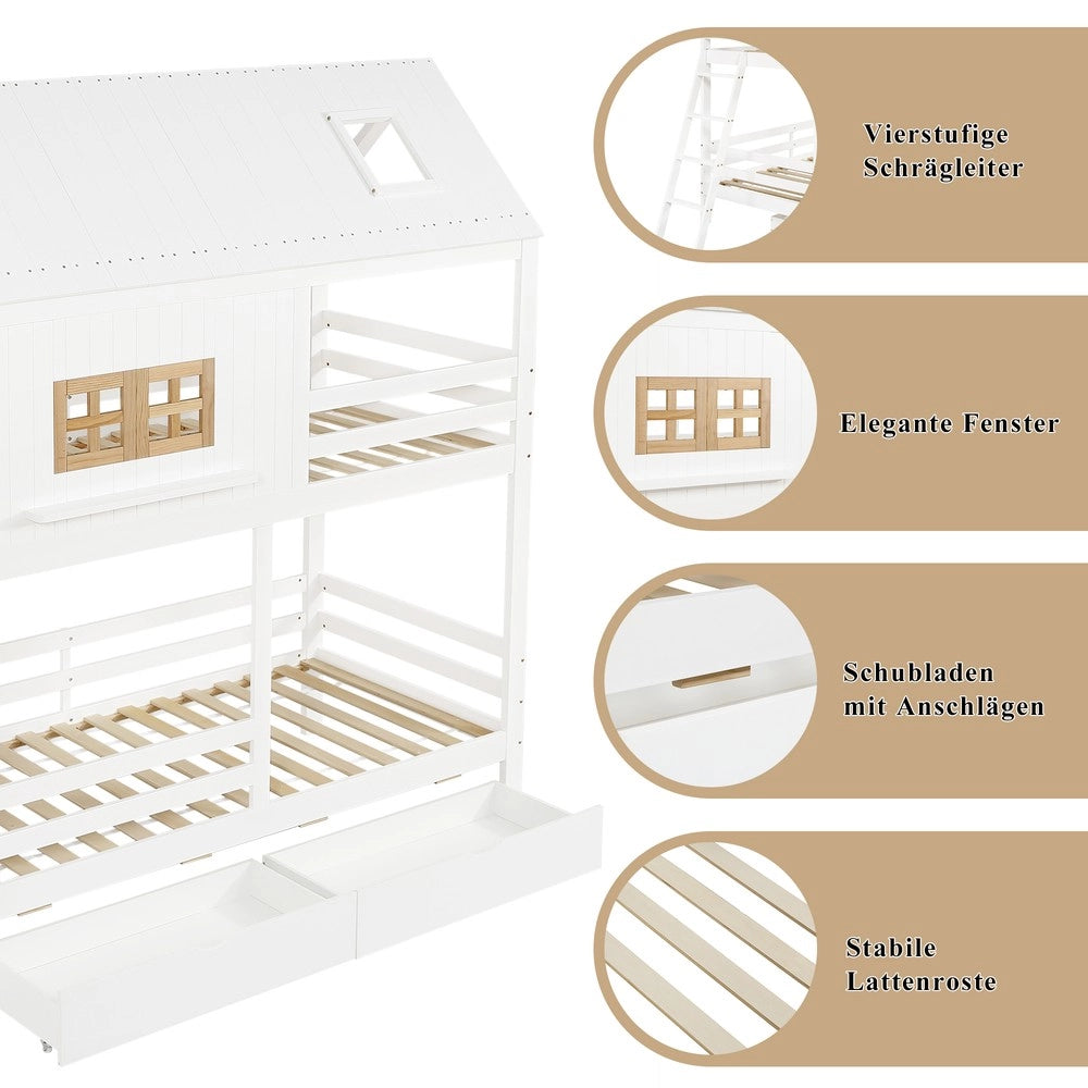 Letto a Castello Bambini con Cassetti e Finestra ¨C MINIMAL ¨C Pino Bianco 90x200