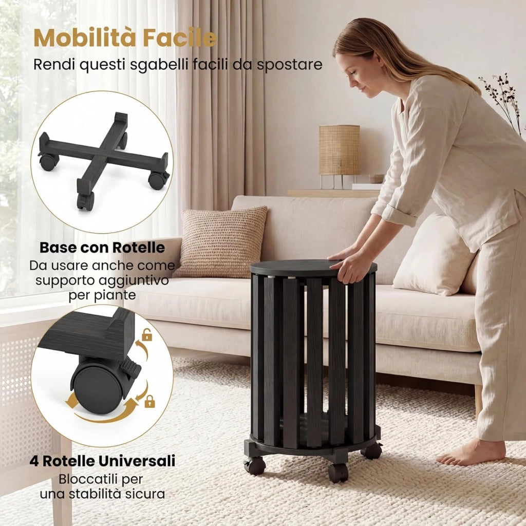 Set di 4 Sgabelli Impilabili 4 in 1, Sgabelli in Legno con Portavaso con Rotelle, 2 Grandi Ø36 cm e 2 Piccoli Ø35 cm, Tavolino Laterale Rotondo per Soggiorno e Camera da Letto (Nero)