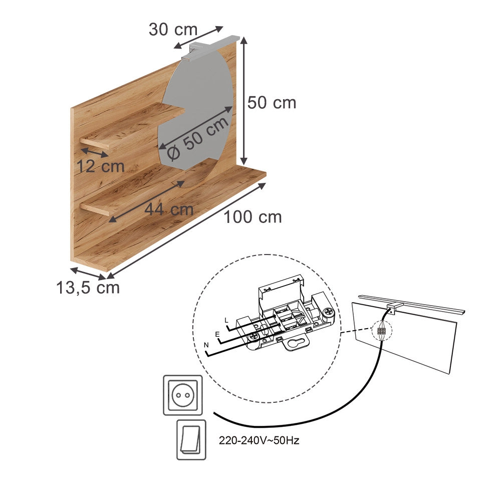 Vicco Specchio con mensola Rovere 100 x 50 cm con 3 scomparti aperti