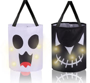 Sacchetto per caramelle da Halloween 25x30cm - 2 pezzi - Lampada LED - Materiale polyester - Riciclabile - Maniglia duratura - Borsa per caramelle