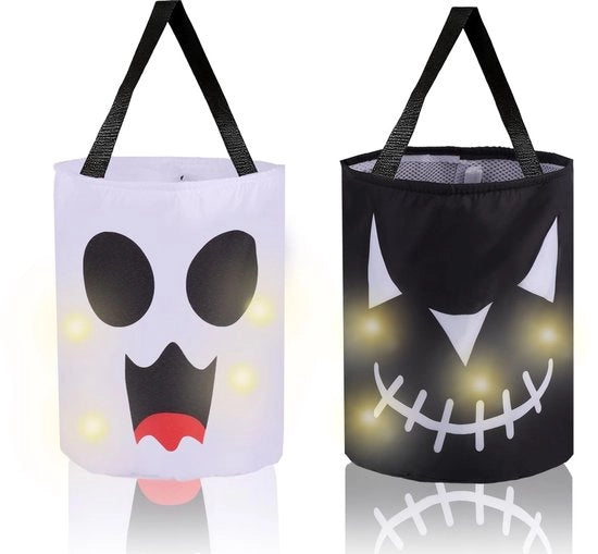 Sacchetto per caramelle da Halloween 25x30cm - 2 pezzi - Lampada LED - Materiale polyester - Riciclabile - Maniglia duratura - Borsa per caramelle
