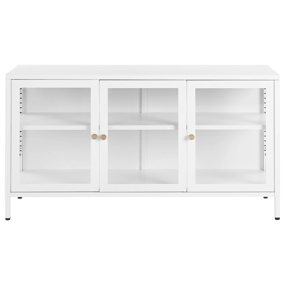 Credenza in metallo bianco 115 x 35 cm 3 ante ripiani in vetro temperato gambe soggiorno moderno