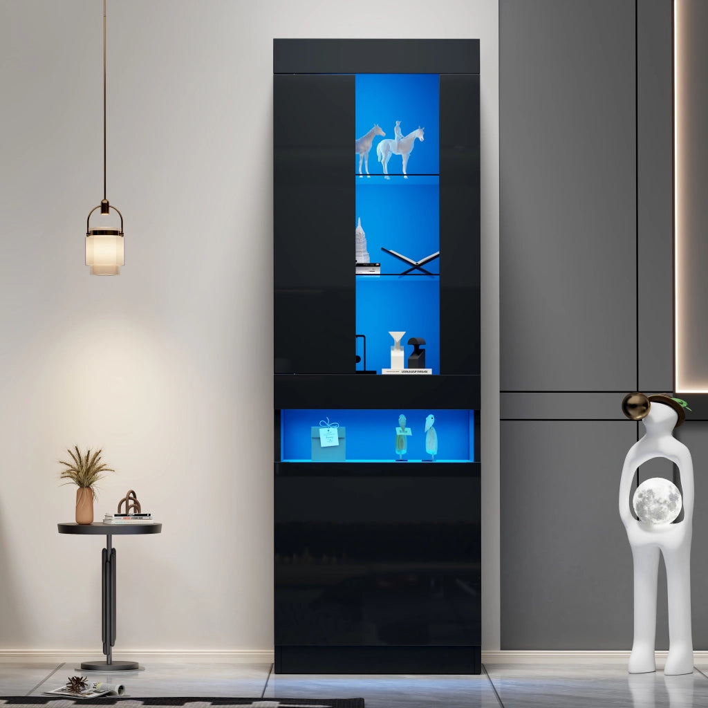 Vetrina con led e 1 anta semicoperta, 2 ripiani in vetro e vani aperti, stile moderno, per soggiorno e ufficio, nero, 50 × 40 × 180 cm