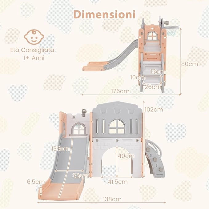 Scivolo per Bambini 9 in 1, Set da Gioco con Canestro da Basket, Telescopio, Volante, Corridoio, Tunnel e Spazio di Archiviazione, Scivolo da Interno ed Esterno per 1+ Anni (Rosa+Grigio)