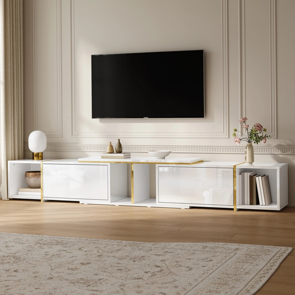 Mobile TV estensibile bianco lucido con vani aperti
