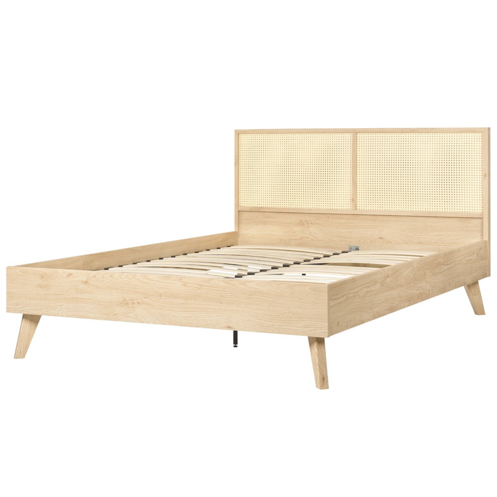 Letto matrimoniale legno di pioppo chiaro con testiera in vimini 140 x 200 cm camera da letto moderna boho minimalista