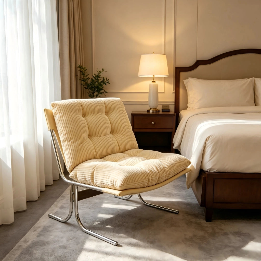 Poltrona lounge ULEVR in tessuto a coste color crema con cuscino removibile e gambe in metallo cromato