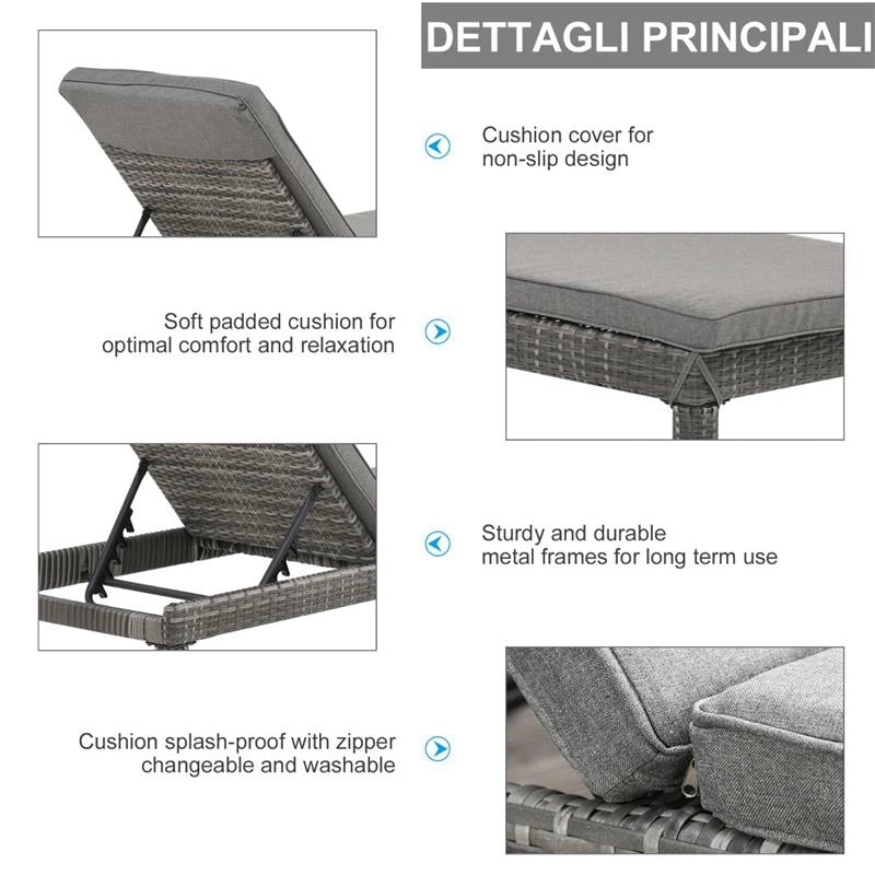 SET 2 SDRAIO DA GIARDINO IN PE RATTAN CON CUSCINO IMBOTTITO GRIGIO 196X65X22 CM