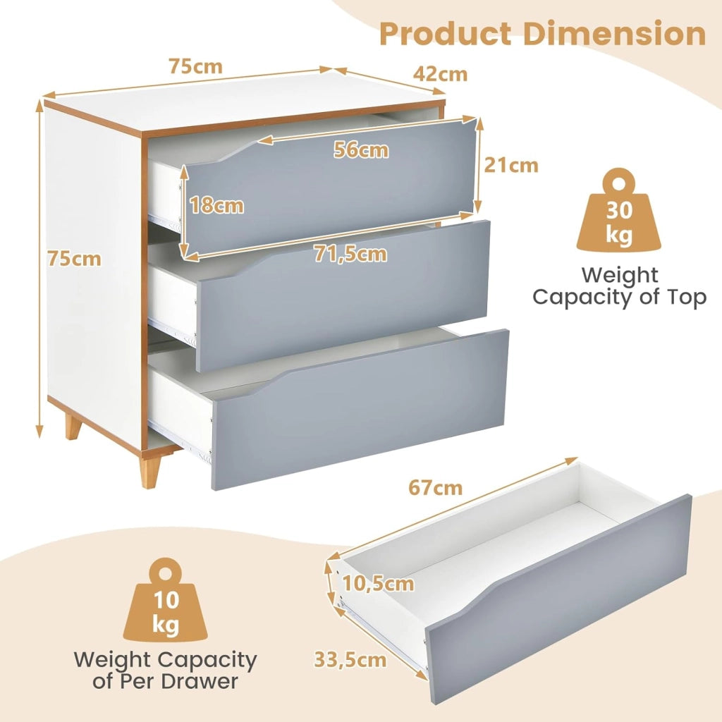 Cassettiera con 3 cassetti, in legno con gambe in legno di gomma, comodino con deposito antiribaltamento, armadio ausiliario per camera da letto, soggiorno, ingresso, 75 x 42 x 75 cm