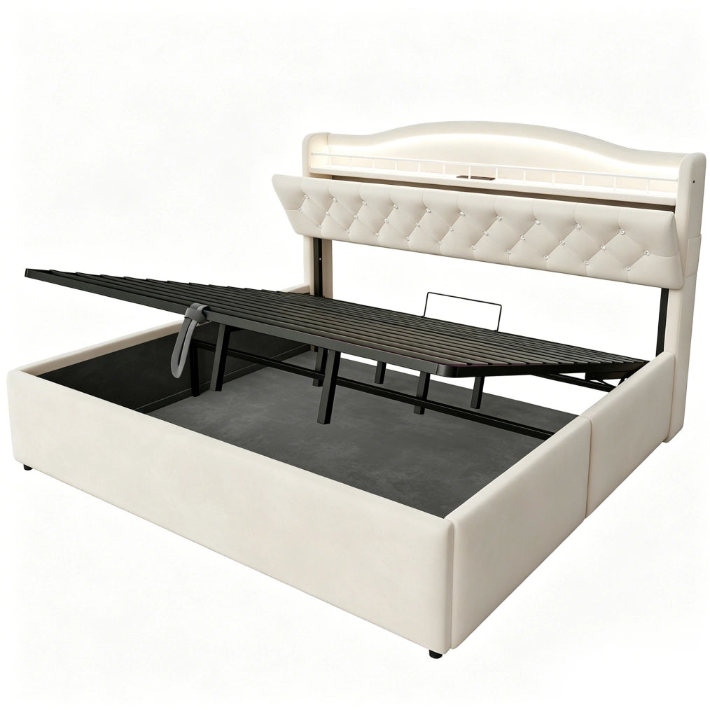 Letto imbottito 180x200 cm con contenitore idraulico; LED; USB e USB-C; beige