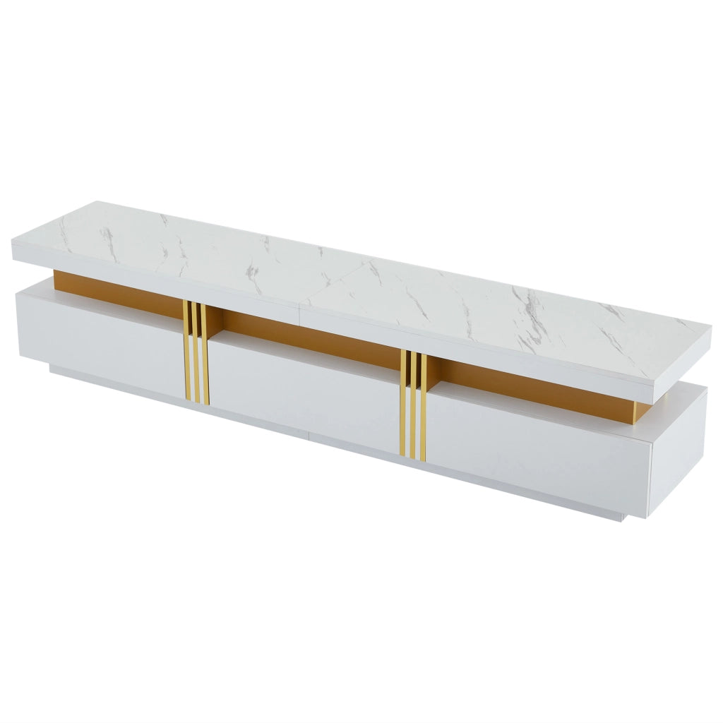Mobile TV basso moderno effetto marmo, 200 x 40 x 42 cm, per TV fino a 90", 3 cassetti e gestione cavi