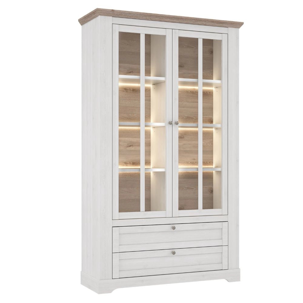 Vetrina Forma 2 Ante con Vetro, 2 Cassetti e Luci LED Rovere Bianco Neve e Olmo Scuro – Esposizione di Grande Impatto