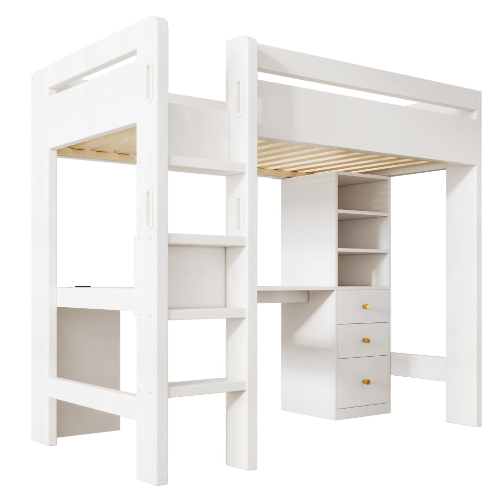 Letto a soppalco singolo 90x200 cm bianco con scrivania a L; mensole; cassetti e USB/Type-C