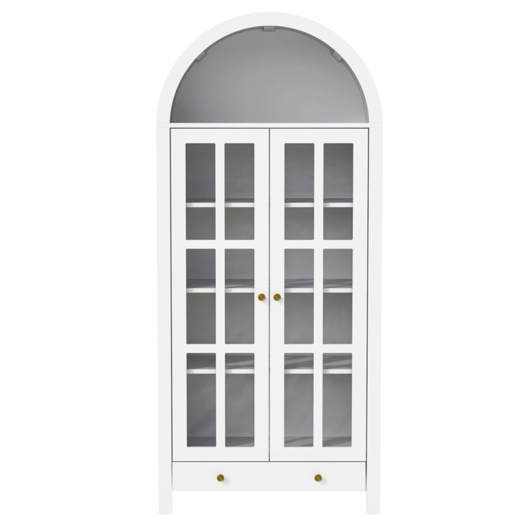 Armadio alto moderno ad arco con ripiani regolabili e cassetto, mobile multifunzionale in MDF con ante in acrilico trasparente 75x35x170,5 cm