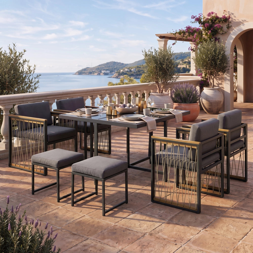 Set da giardino da pranzo 7 pezzi per 6 persone con tavolo in vetro temperato e cuscini; nero e naturale