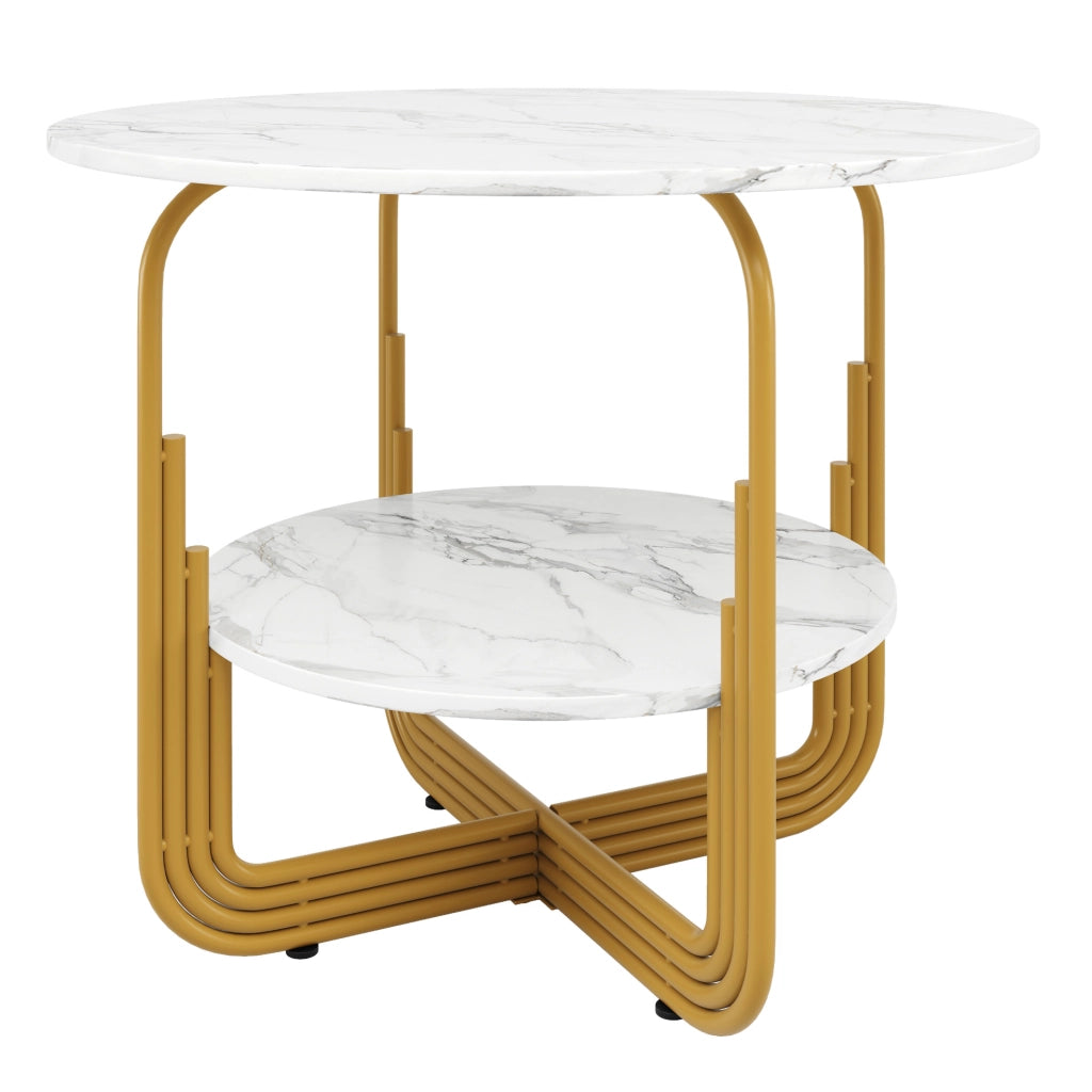 Tavolo da pranzo rotondo 80x80x76 cm in MDF effetto marmo; colore oro