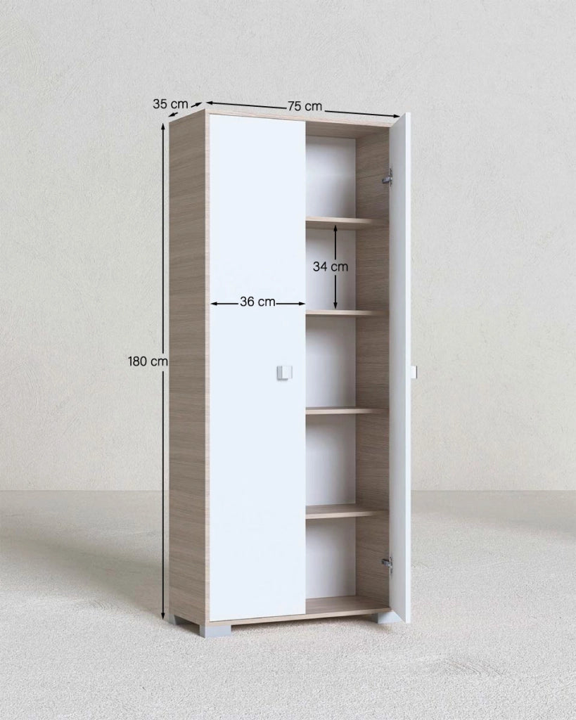 Armadio multiuso Clara 2 ante - Mobile contenitore dispensa salvaspazio - Ante in color Bianco e struttura in Olmo - 5 ripiani interni - 75x180x35 cm_