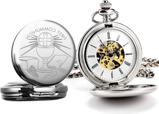 Regalo Primo Sacramento - Orologio meccanico inciso con catena e scatola di presentazione - Argento