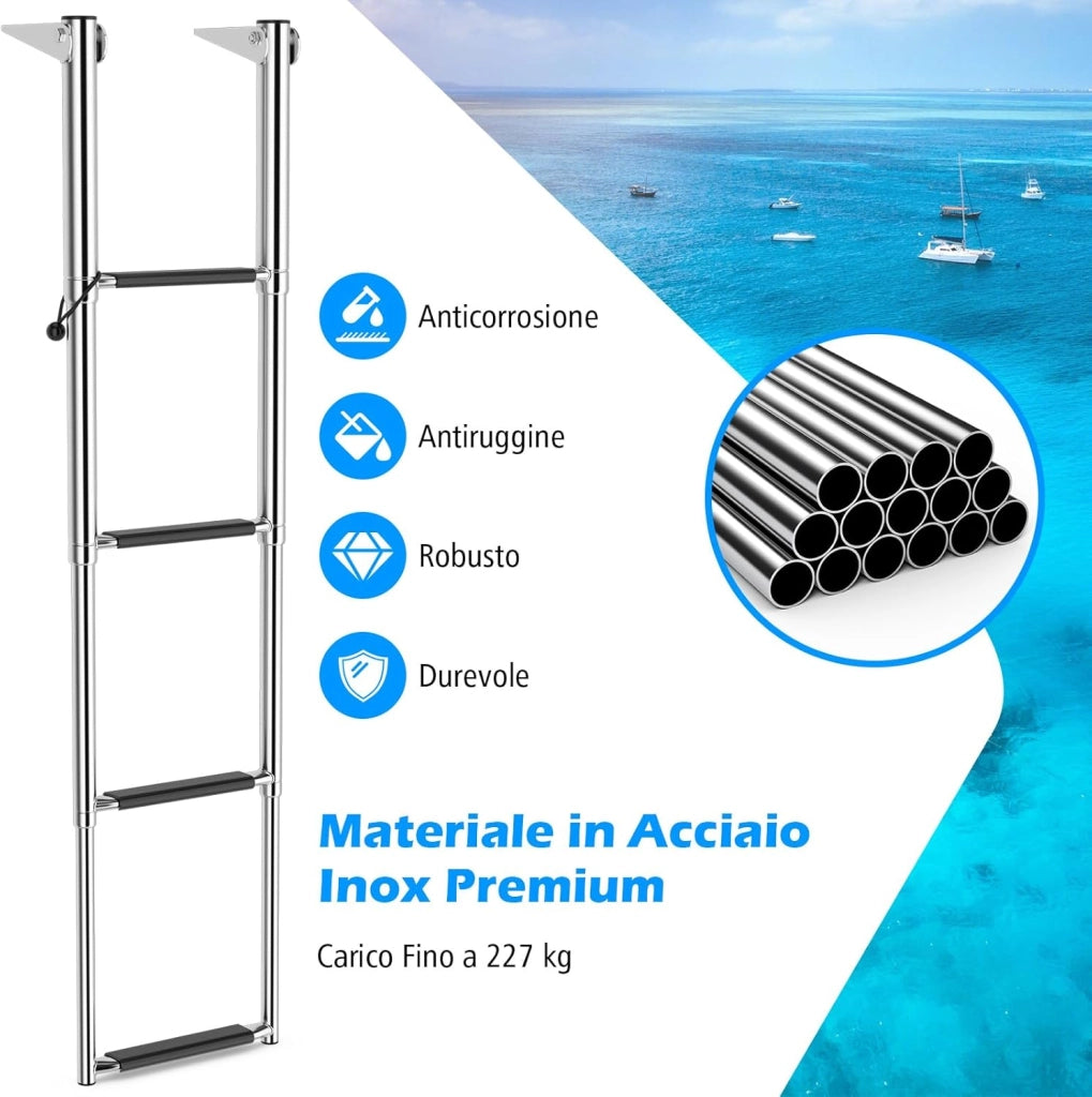 Scala Telescopica per Barca a 4 Gradini, Scala Pieghevole Estendibile con Gradini Antiscivolo, Scala in Acciaio Inox Resistente per Piscina, Carico 227 kg