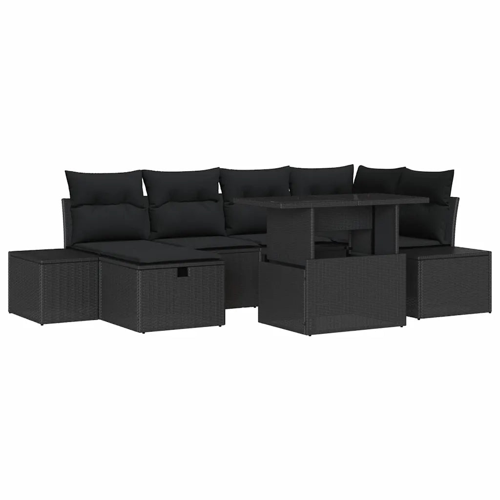 Set Divano da Giardino con cuscino 7 pcs Nero Poly Rattan