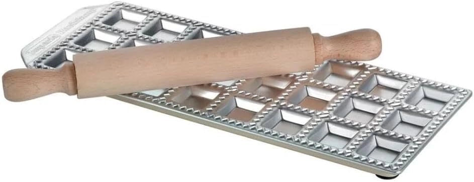 Imperia 7304 RavioChef Stampo per Ravioli 24 Quadri 30x30 mm con Mattarello in Legno di Faggio Made in Italy colore Alluminio