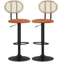 Set di 2 Sgabelli da Bar Regolabili in Altezza con Schienale in Rattan e Poggiapiedi, Marrone