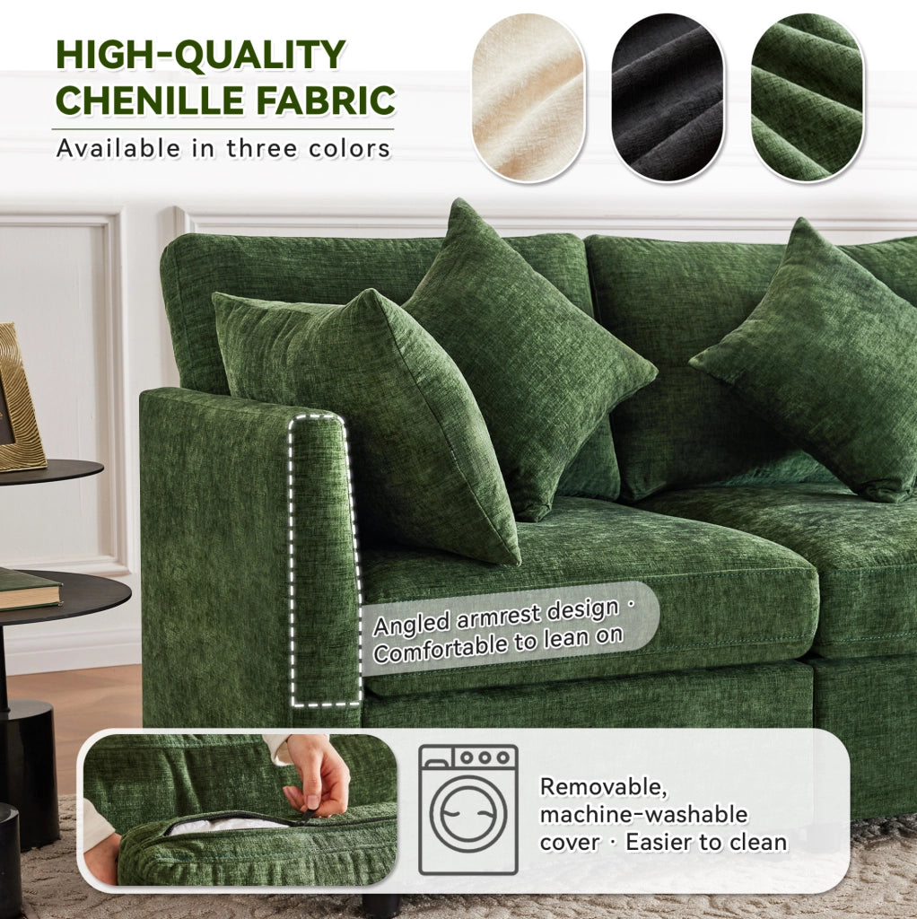 Sofà modulare in chenille con 2 pouf e 6 cuscini, forma a U o L, 278x161x81 cm, per salotto e area living