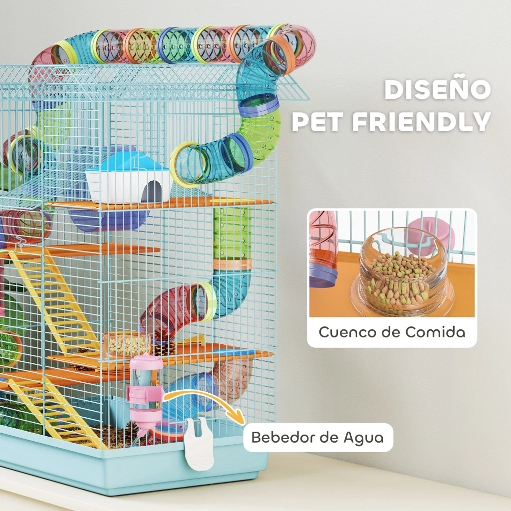 Gabbia per Criceti a Pi¨´ Livelli con Tubi Piattaforme Casetta Ruota ¨C Minimal ¨C 47x30x59 cm Blu