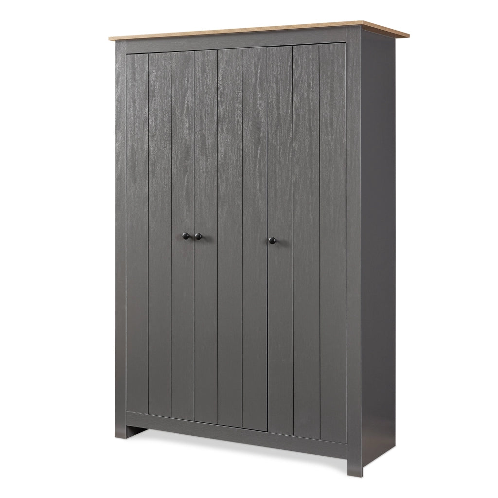 Armadio Guardaroba Vasand a 3 Ante con Barre Appenditi e Ripiani 175x120x52 cm Grigio / Effetto Rovere [en.casa]