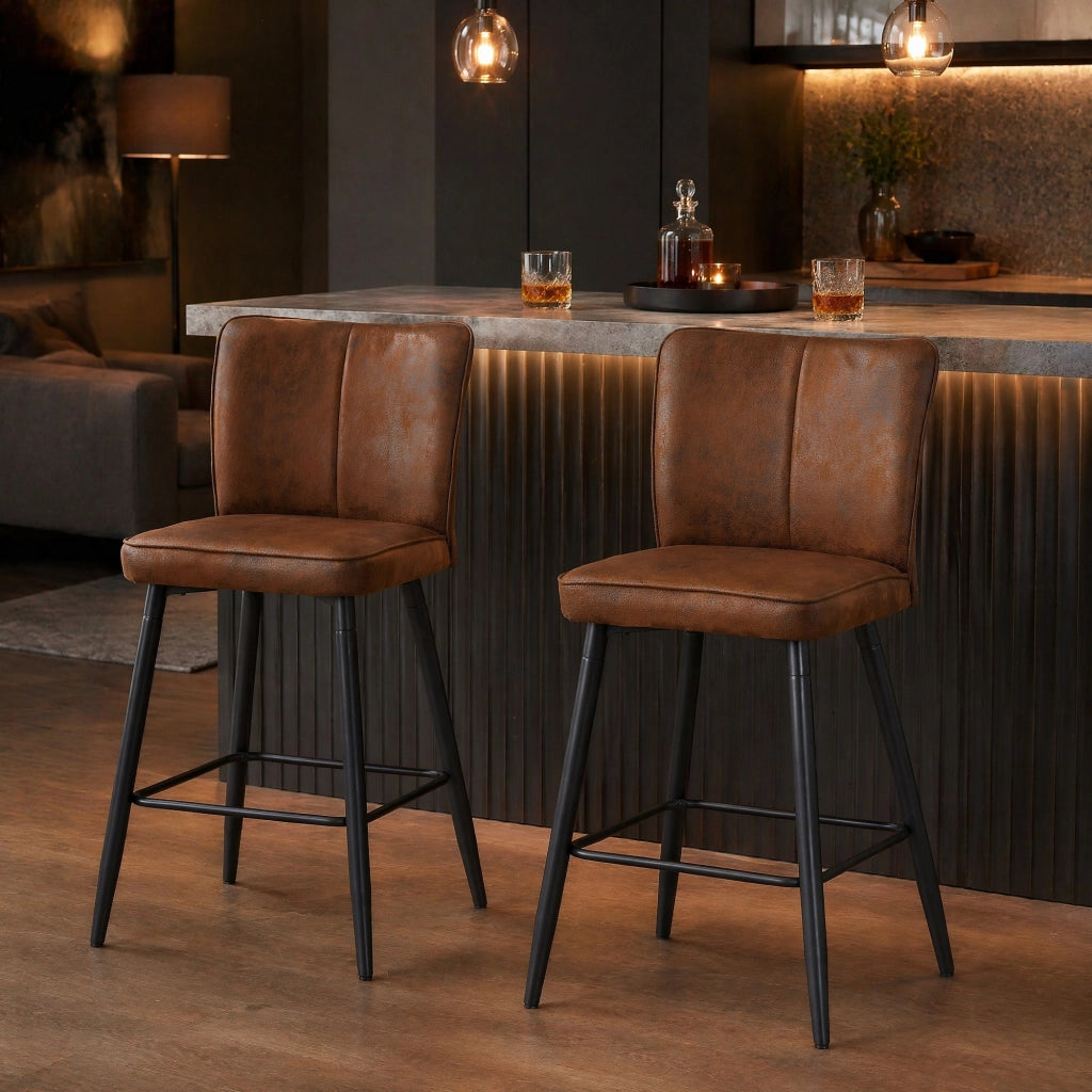 SGABELLO BAR 101 cm in tessuto marrone e metallo nero, set da 2 pezzi