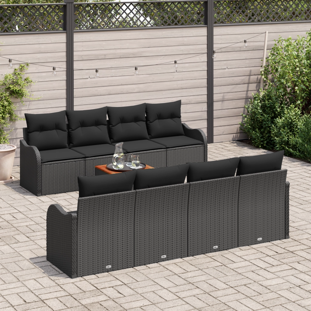 Set di Divani da Giardino 9 Pezzi con Cuscini Nero Polyrattan Acacia