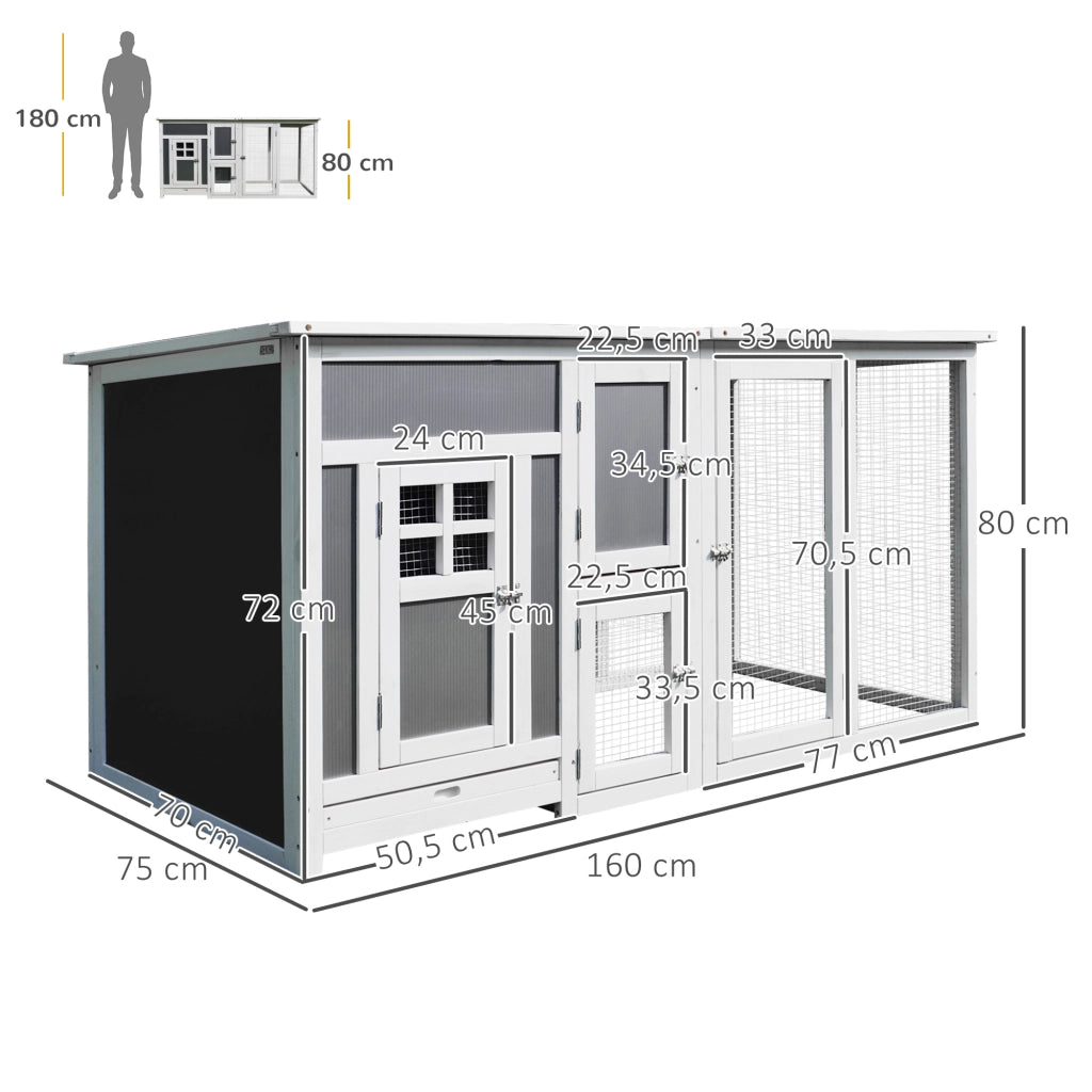 Pollame Casa per Galline in Legno con Recinto ¨C zephmum ¨C Grigio+Bianco 160x75x80 cm