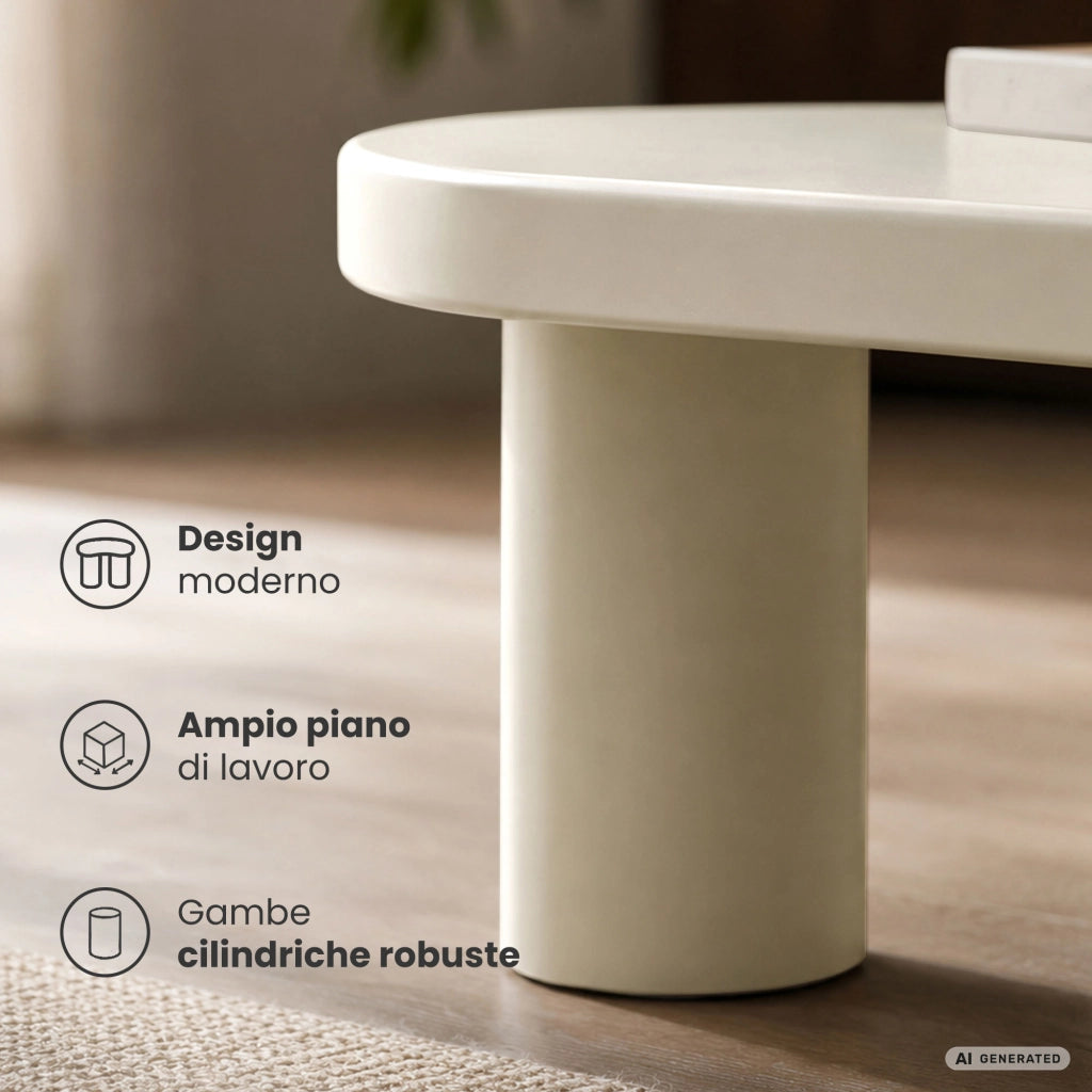 Tavolino da salotto ovale MATE 85 cm crema con quattro gambe cilindriche