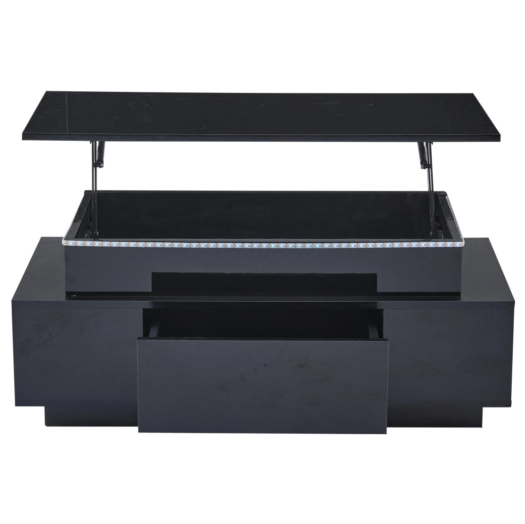 Tavolino da caffè 96x45x40 cm con piano sollevabile; LED e ampio vano contenitore in truciolato nero