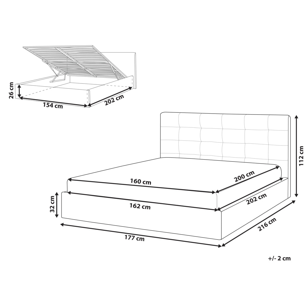 Letto matrimoniale con contenitore portaoggetti e testiera imbottita 160x200 cm in tessuto grigio