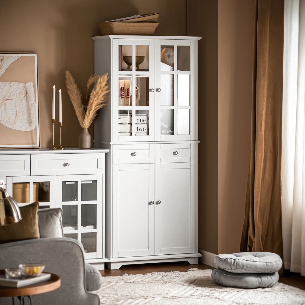 Credenza Alta Per Cucina Mobile Buffet In Legno Con 6 Scomparti E 2 Cassetti Armadio Dispensa In Stile Moderno Bianco 75x40x175cm FSB76-W