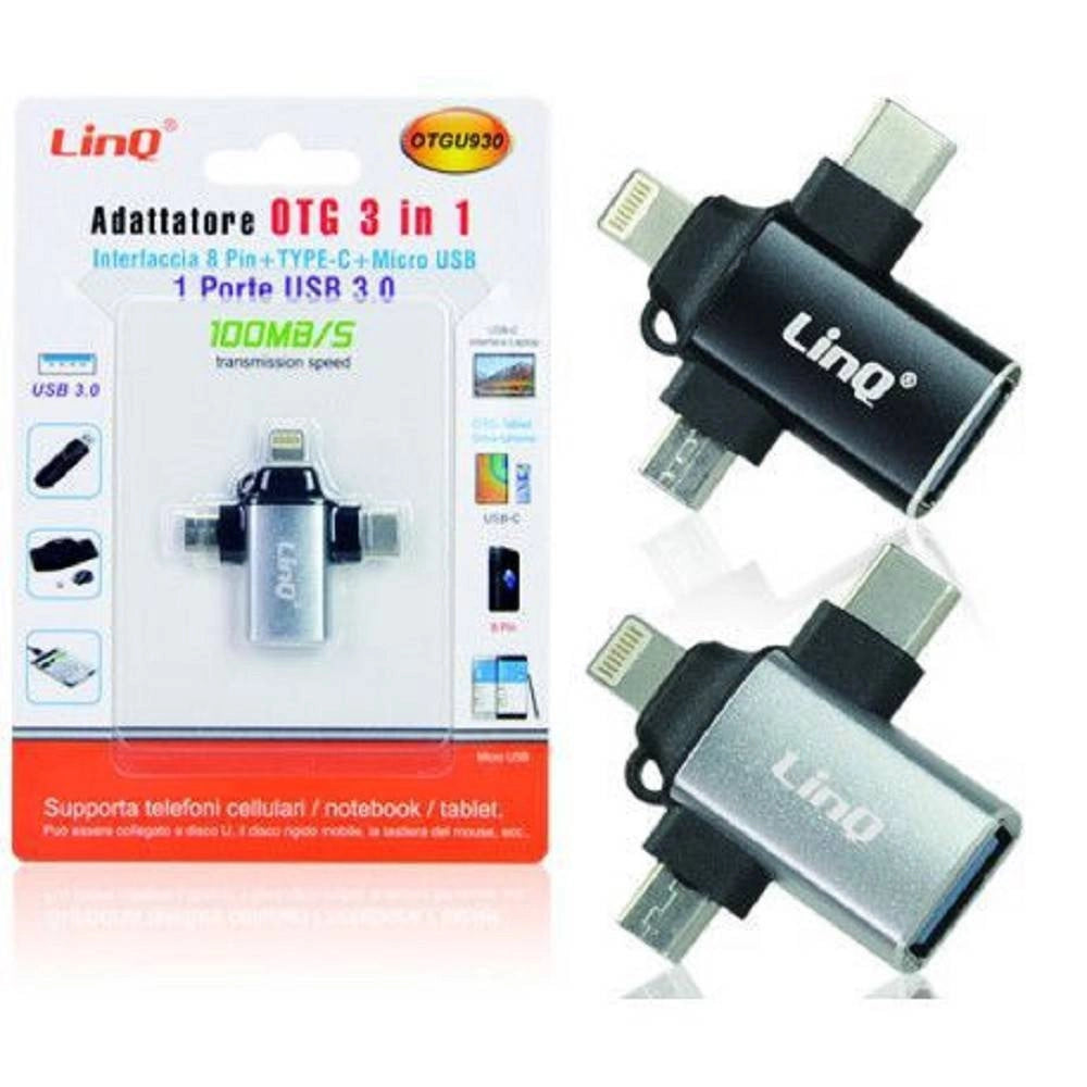 Trade Shop - Adattatore Otg Da Usb-c Micro-usb Lightning Verso Usb 3.0 Femmina 3 In 1 Otqu930 -