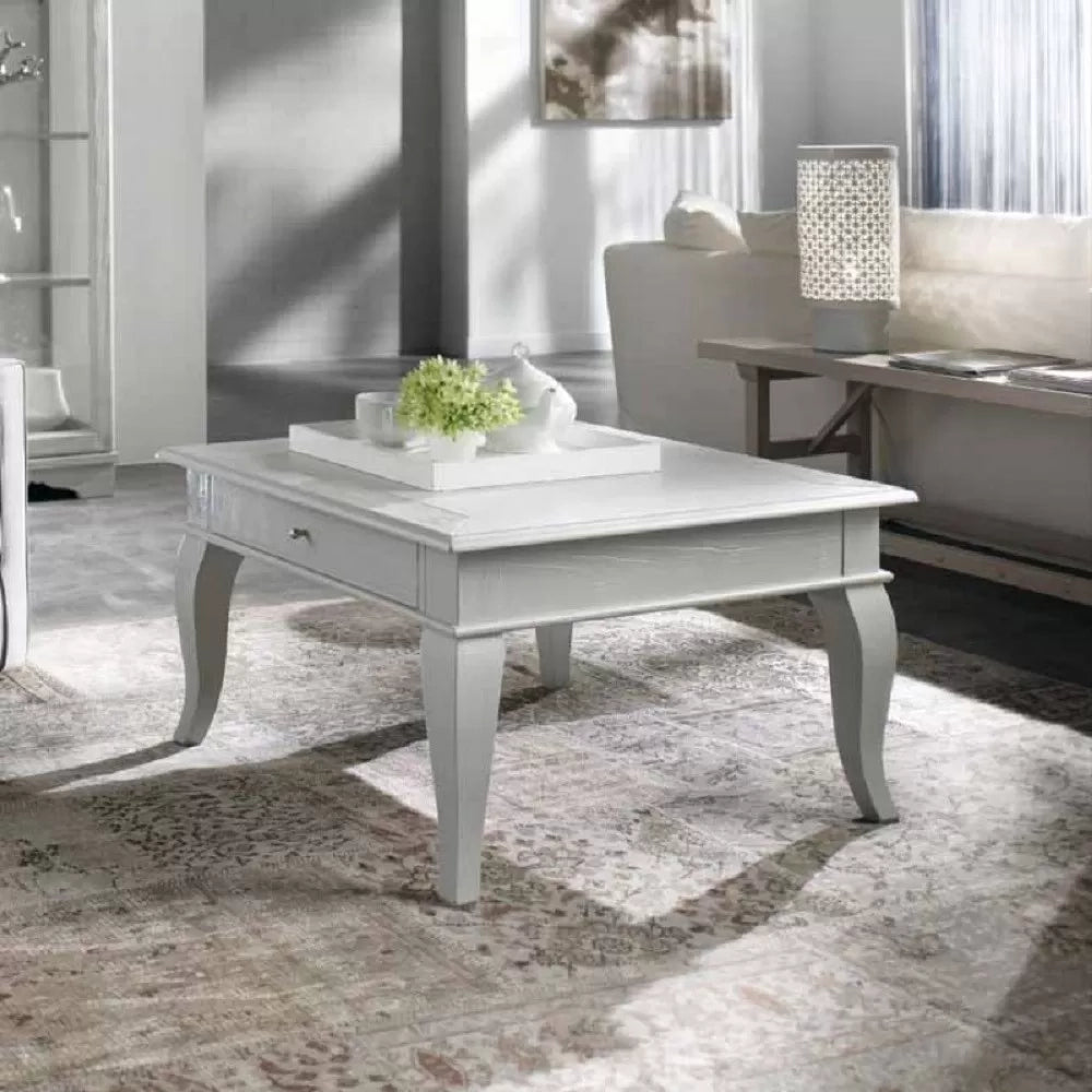 Tavolino shabby quadrato 1 cassetto legno massello bianco l.80 p.80 h.48 - Mobili 2G