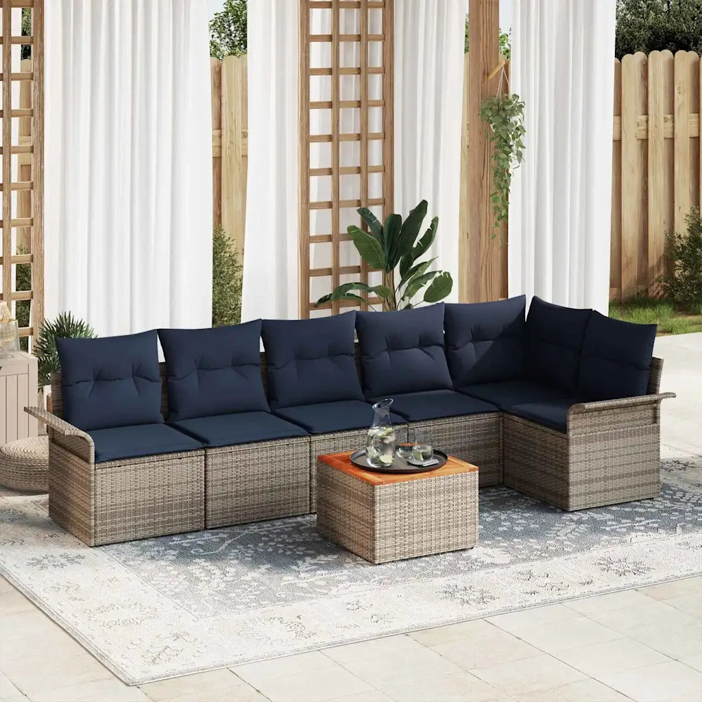 Set Divano da Giardino 7 pcs Grigio e Blu Navy polyrattan