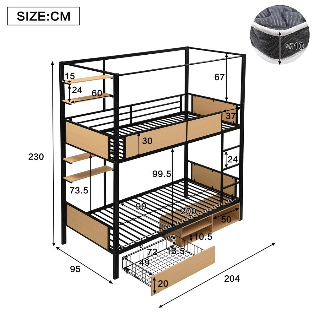 Letto a Castello in Metallo e MDF con Contenitore ¨C MINIMAL ¨C Nero/Naturale 90x200