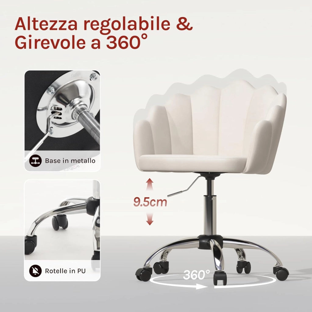Sedia da Trucco con Schienale a Petalo, Sedia Ufficio con Braccioli e Rotelle, Poltroncina Girevole, Altura Regolabile, Velluto, Crema