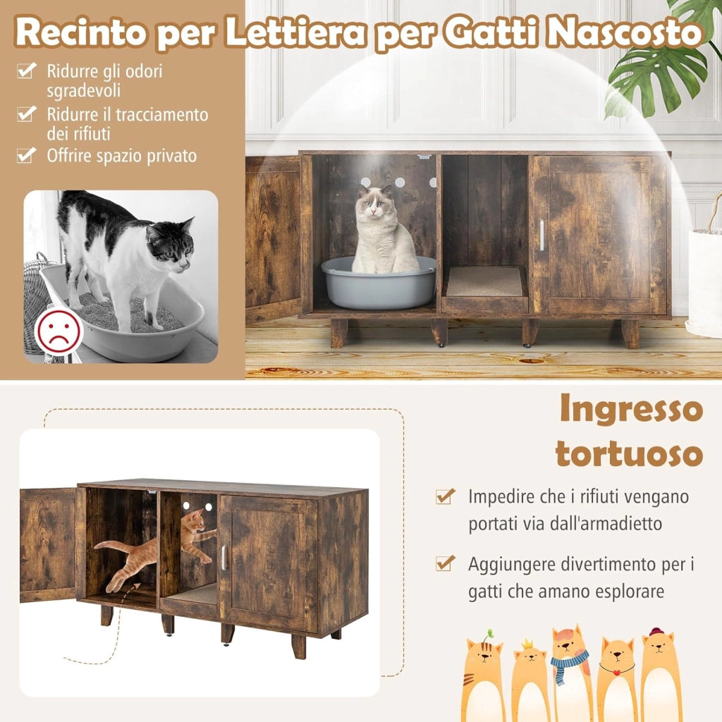 Mobile per Lettiera per Gatti 120 x 52 x 65 cm, Casetta per Gatti con 2 Ante, Fori, Tiragraffi e Gambe Staccabili, Mobile Versatile e Moderno per Salotto (Marrone e nero)