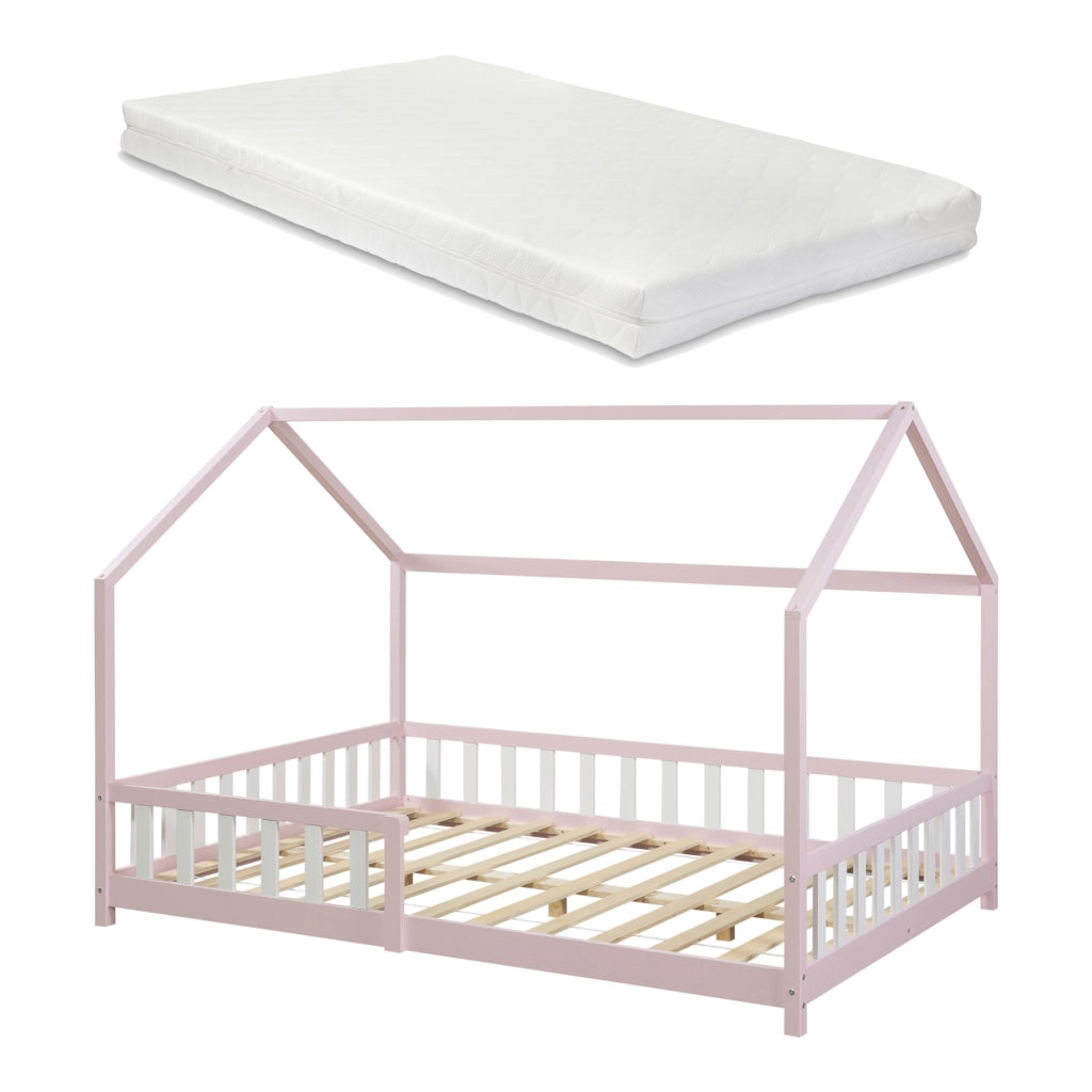 Letto Piazza e Mezza Hesel per Cameretta Forma di Casetta con Materasso 120 x 200 cm Rosa [en.casa]