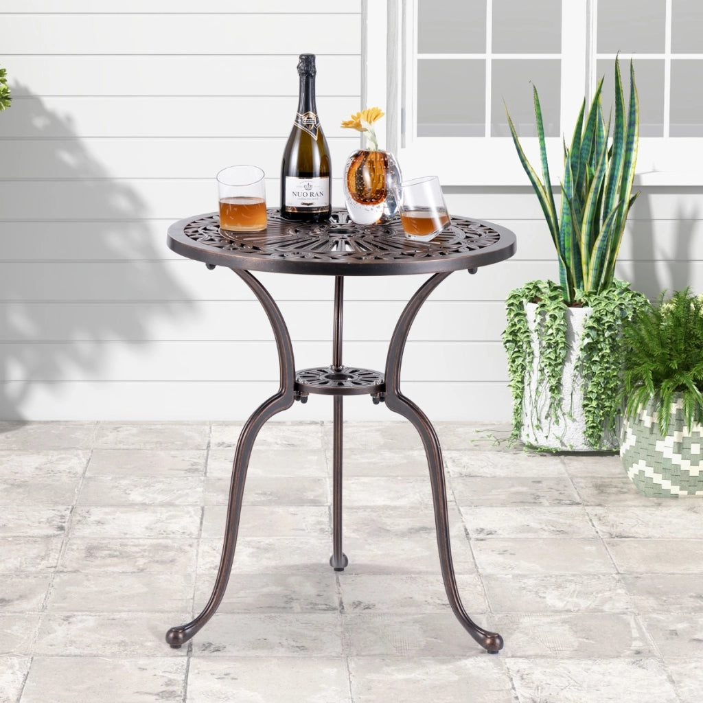 Tavolo da pranzo rotondo in alluminio pressofuso da 61cm, Tavolo da giardino con foro per ombrellone da 5cm Bronzo-Tavoli da esterno