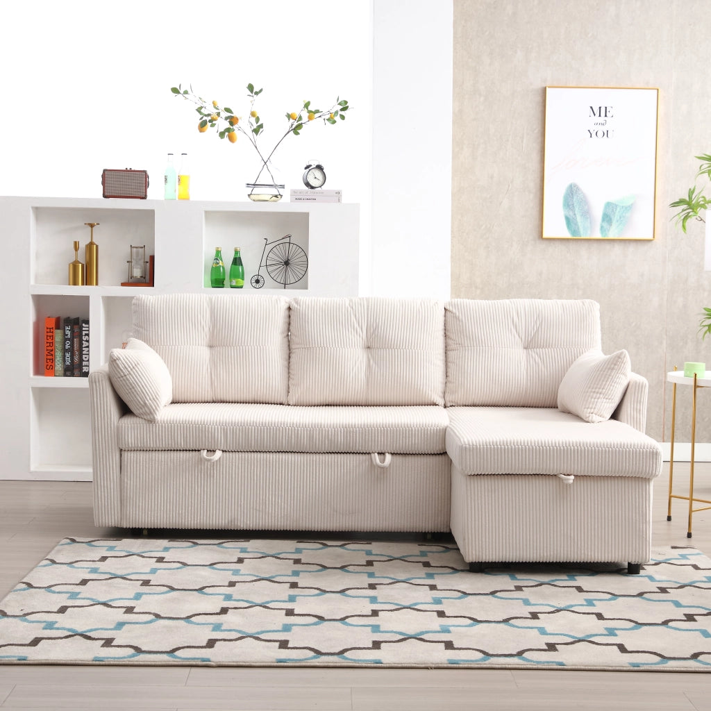 Divano letto angolare convertibile con contenitore, penisola reversibile e cuscini in corduroy beige 206 × 108 × 66-88 cm