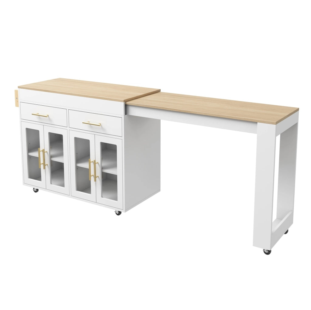 Isola cucina mobile con piano estraibile e tavolo snack; 132;5-217 x 50 x 93 cm; bianco