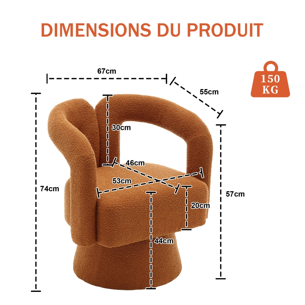 OKWISH Poltrona Girevole a 360 Gradi, Schienale e Braccioli Arrotondati, Seduta Imbottita Ampia, Bouclé, Arancione