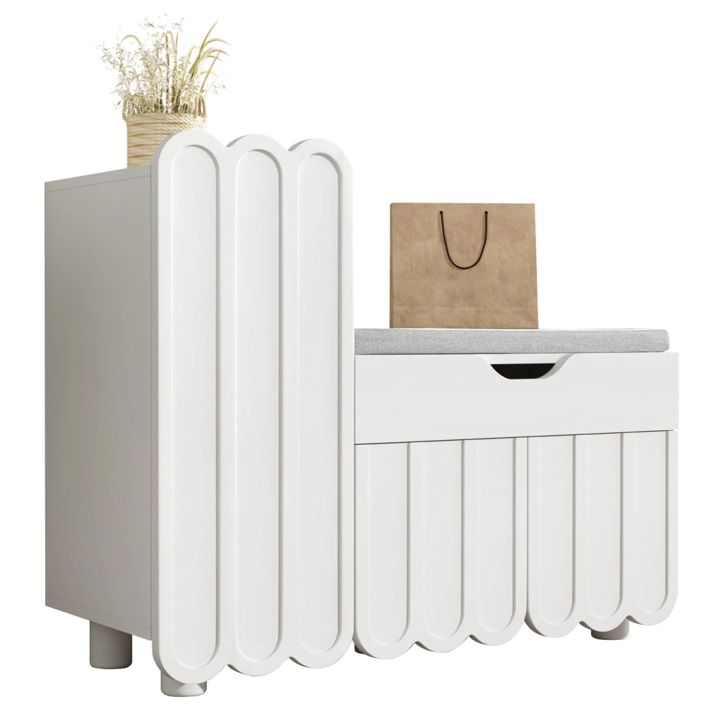 Scarpiera con 3 Ante; 1 Cassetto e Seduta Imbottita; Stile Moderno; in MDF; 90×35×74;5 cm; Bianco