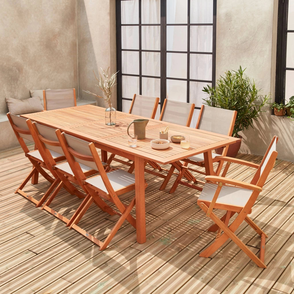 Set tavolo da giardino rettangolare allungabile in legno con 8 sedie,