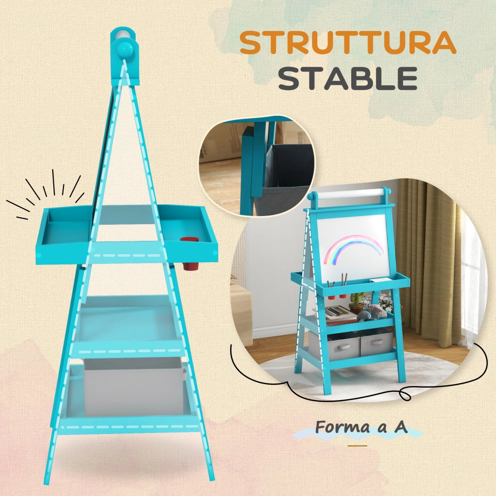 3 in 1 Kids Easel Double-Sided Magnetic Whiteboard and Chalkboard with Paper Roll, Storage Baskets - Blue